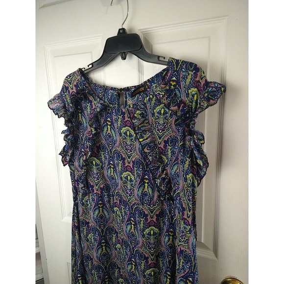Reborn Blue Semi Sheer Paisley Plunge Ruffle Cap Sleeve Dress. Size XL - Picture 2 of 11